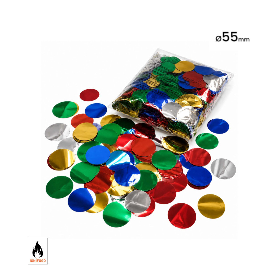 Multicoloured round metallic confetti, 55 mm